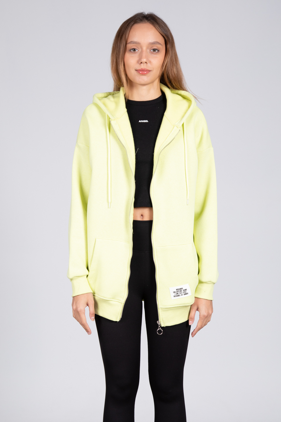 Oversize Kapüşonlu Fermuarlı Sweatshirt - Neon Sarı