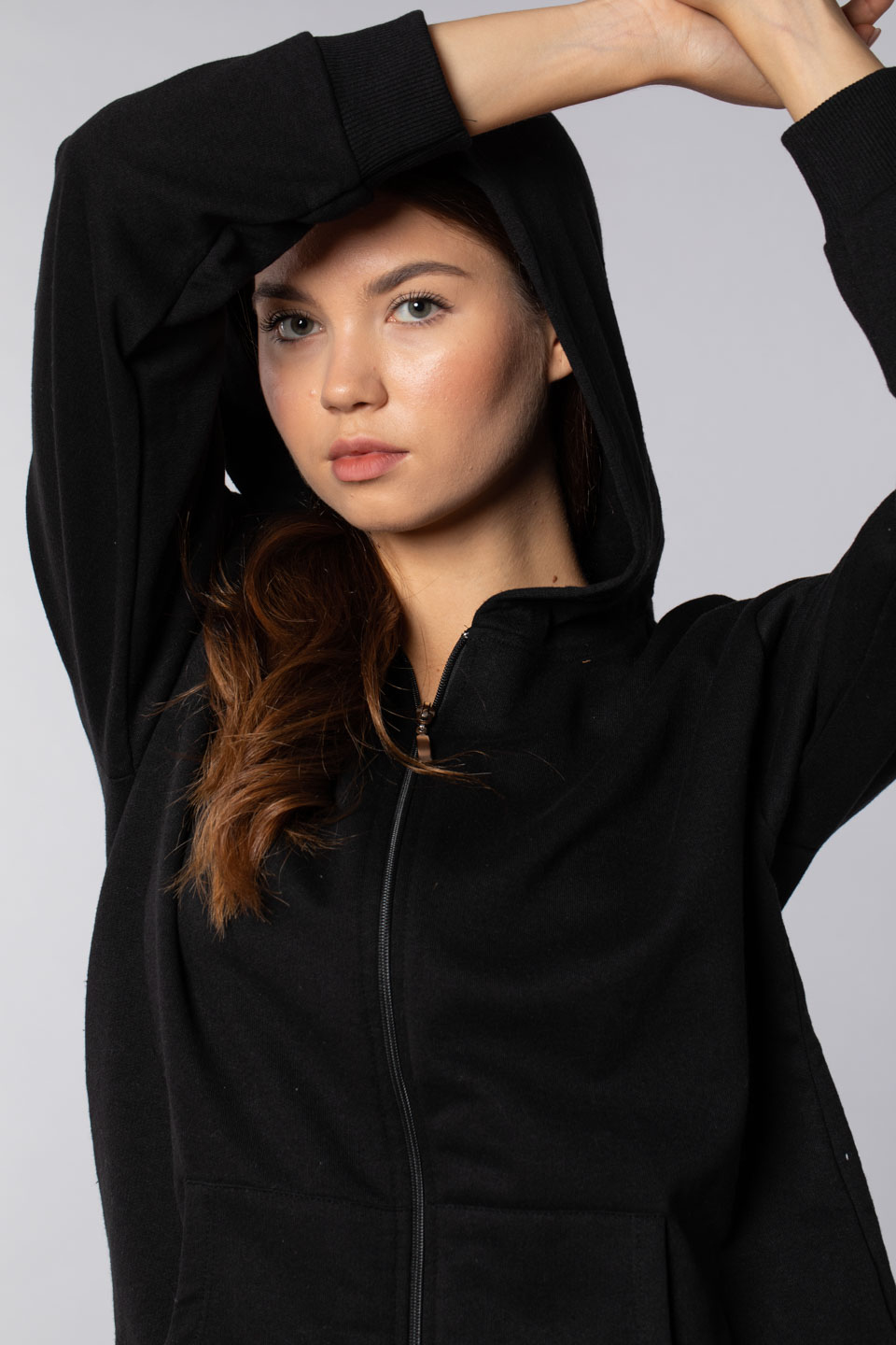 Oversize kapüşonlu fermuarlı sweatshirt-9603 Siyah