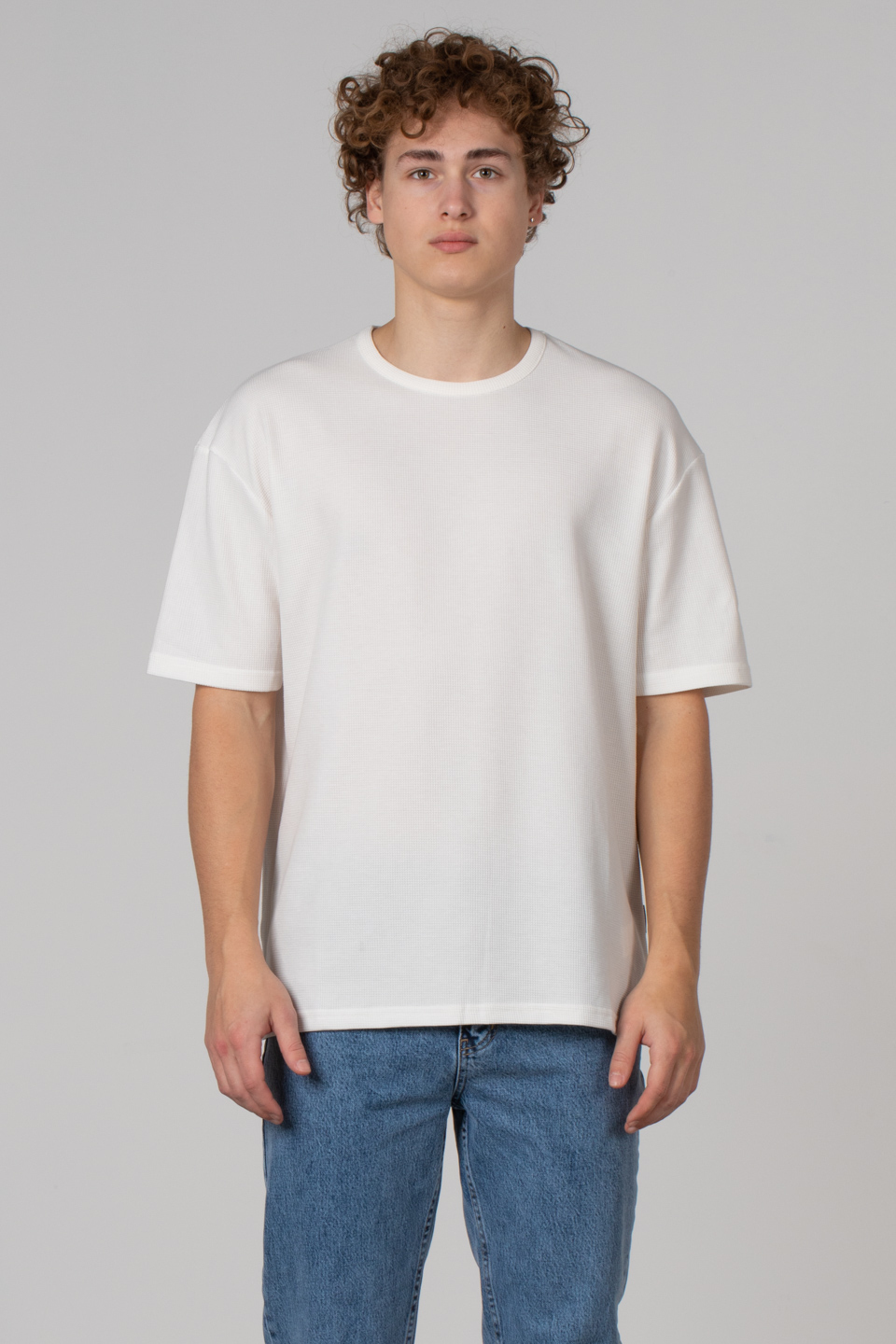 Oversıze waffle kumaş t-shirt-5005 Ekru