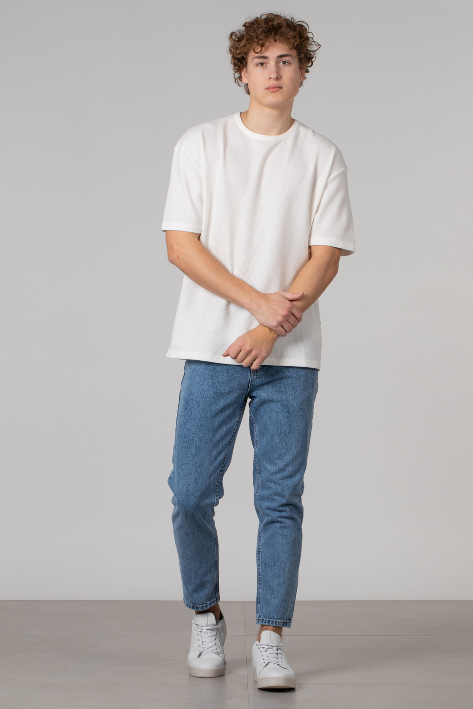Oversıze waffle kumaş t-shirt-5005 Ekru