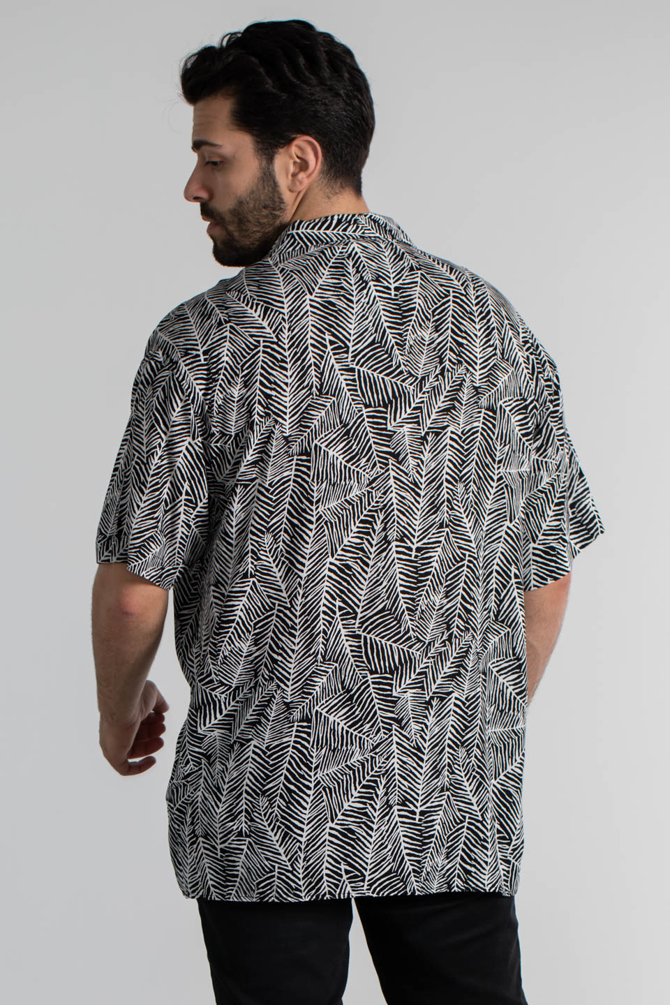Oversize yaprak desen gömlek-6002 Siyah/Ekru