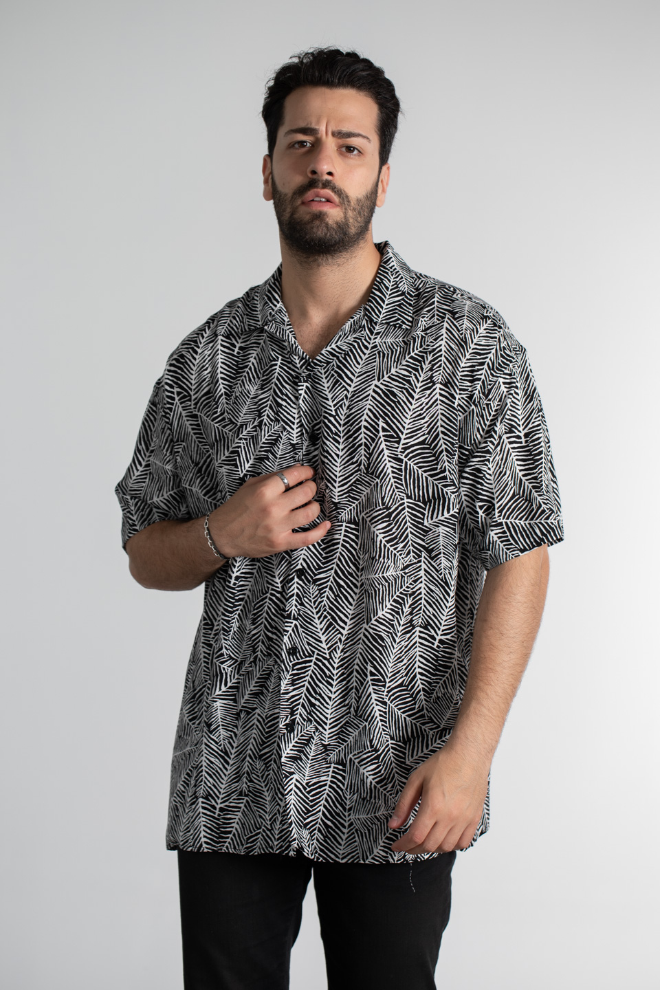 Oversize yaprak desen gömlek-6002 Siyah/Ekru