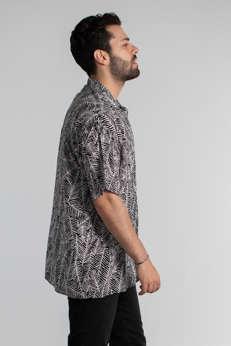Oversize yaprak desen gömlek-6002 Siyah/Ekru