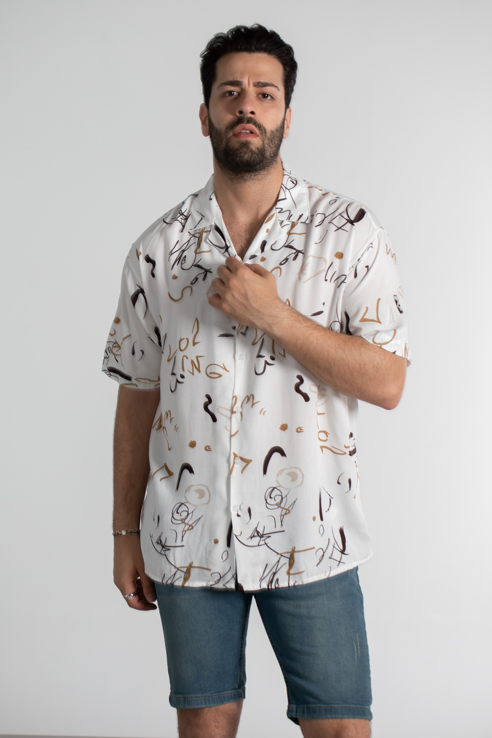 Oversize yazı desen gömlek-6001 Kahve/Ekru