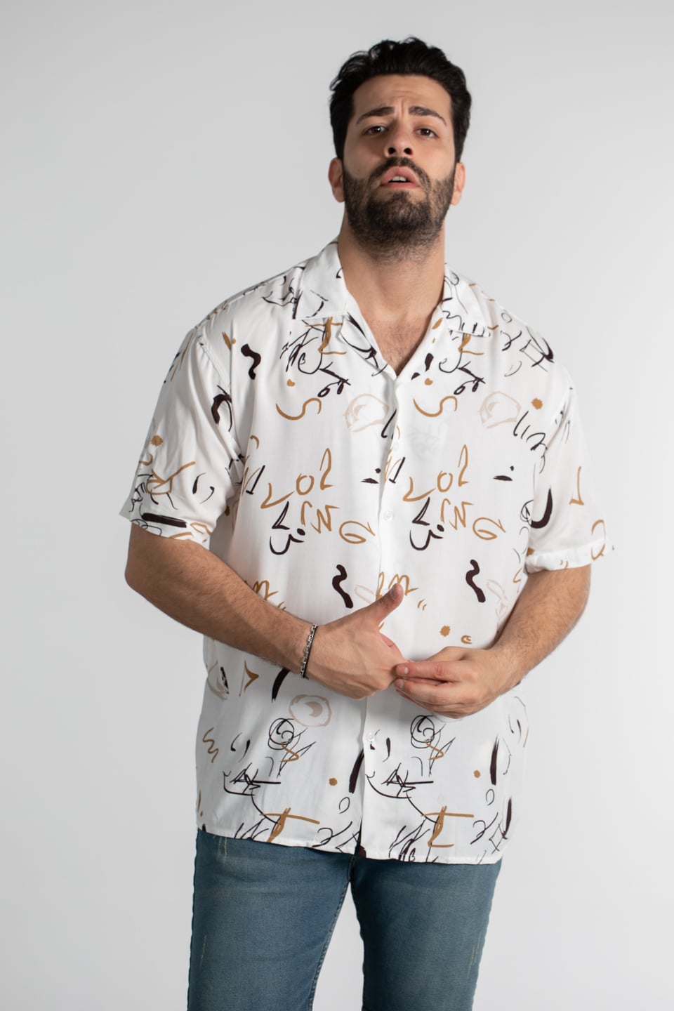 Oversize yazı desen gömlek-6001 Kahve/Ekru