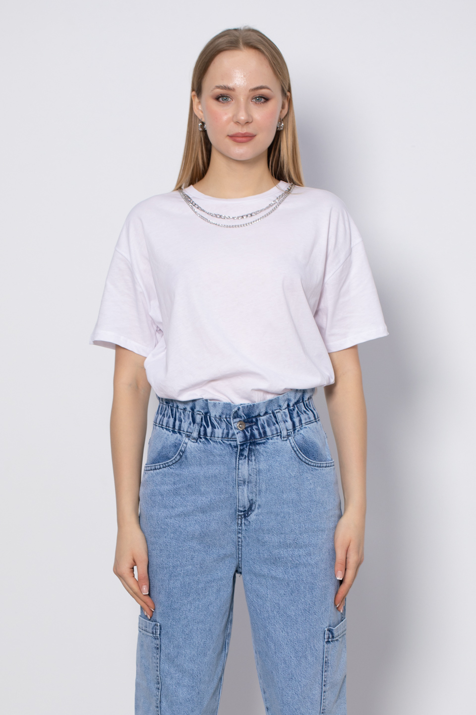 Oversize Zincir Detaylı T-Shirt - Beyaz