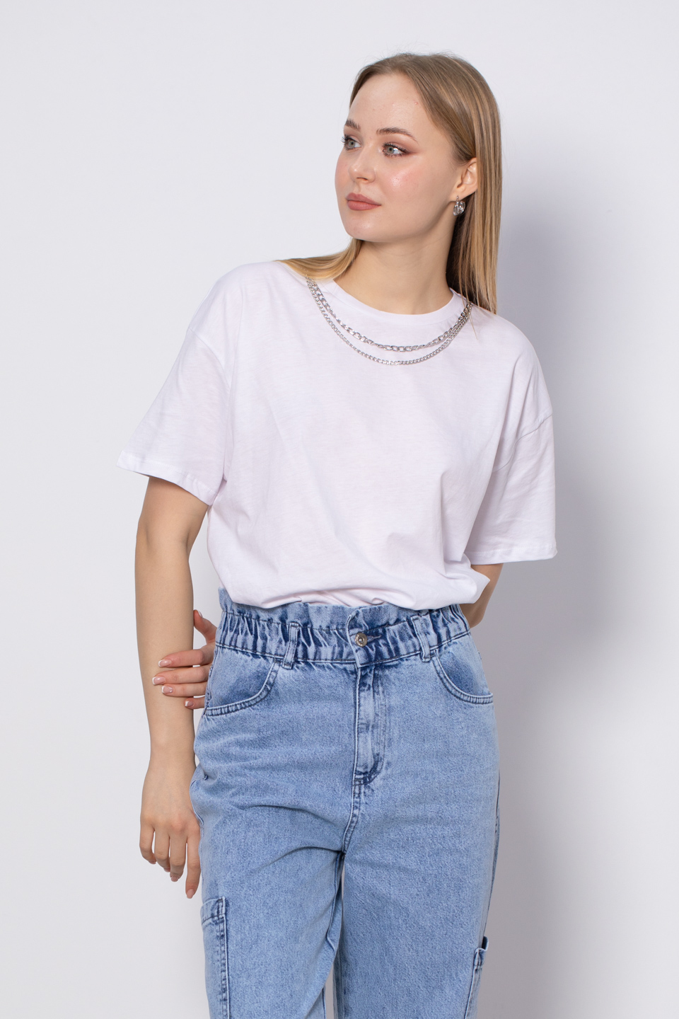 Oversize Zincir Detaylı T-Shirt - Beyaz