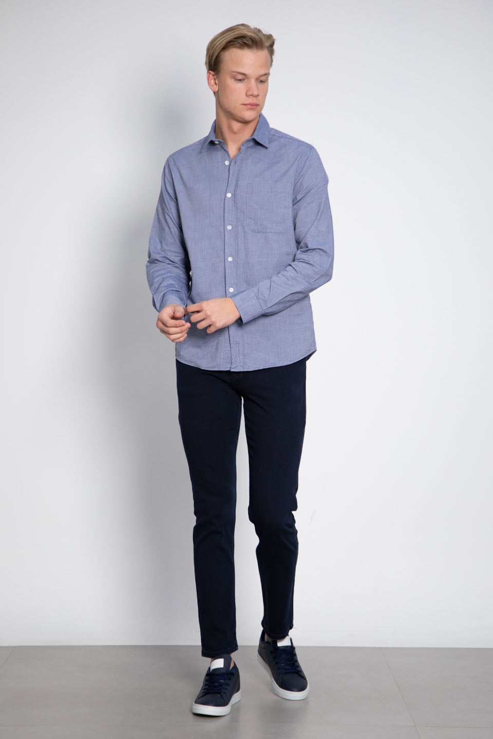 Oxford tek cep gömlek-12-4735 İndigo