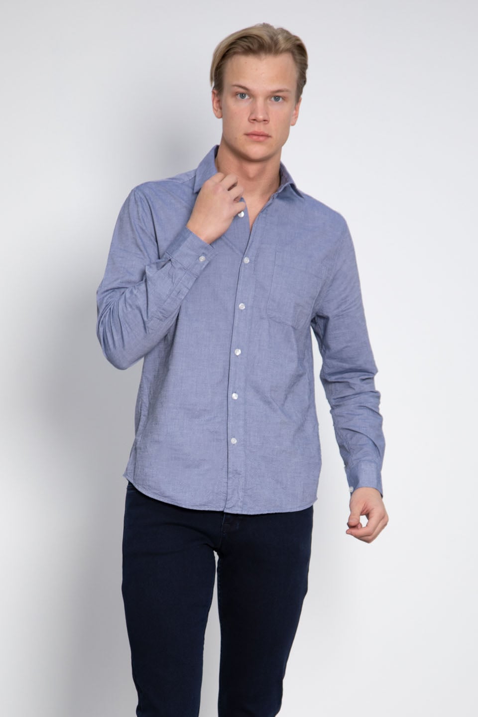 Oxford tek cep gömlek-12-4735 İndigo