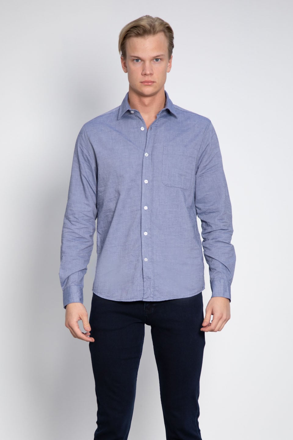 Oxford tek cep gömlek-12-4735 İndigo