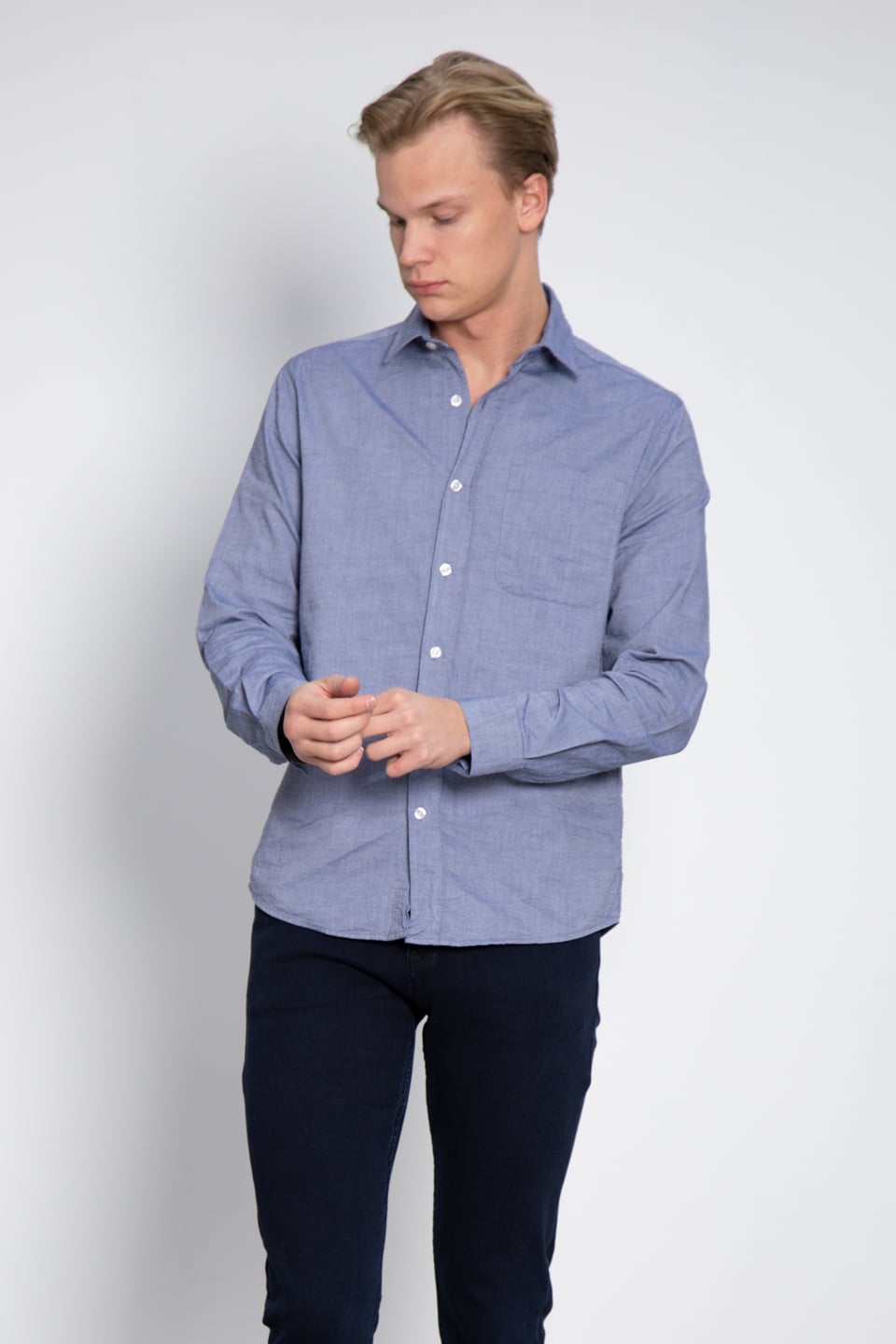 Oxford tek cep gömlek-12-4735 İndigo