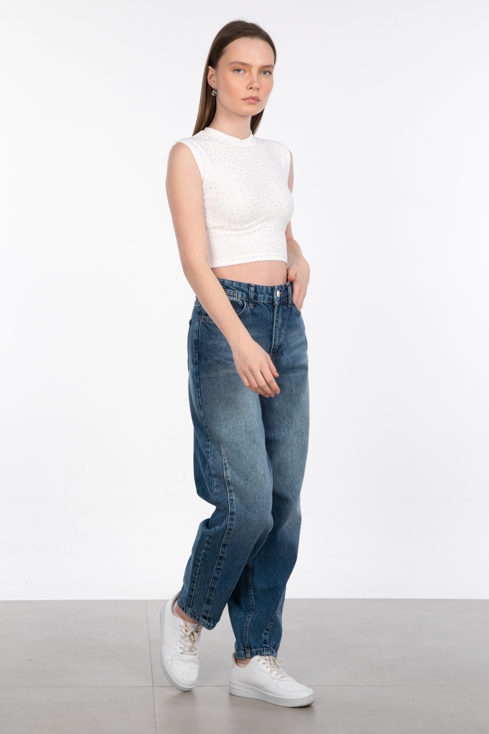 Paça pensli baggy jean pantolon-25-1007 Mavi