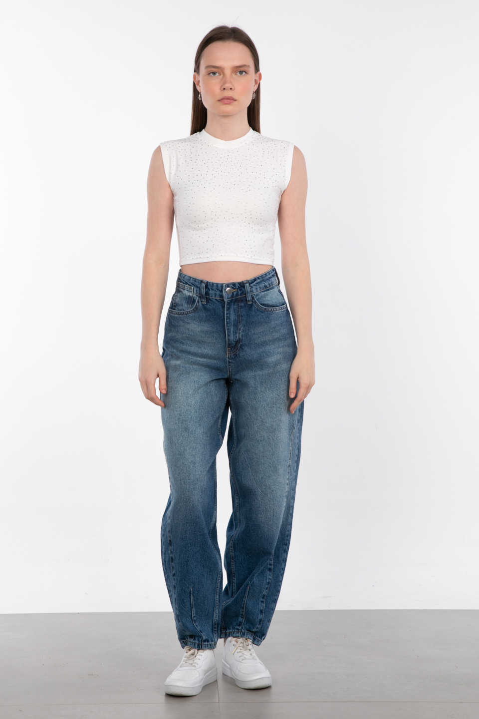 Paça pensli baggy jean pantolon-25-1007 Mavi