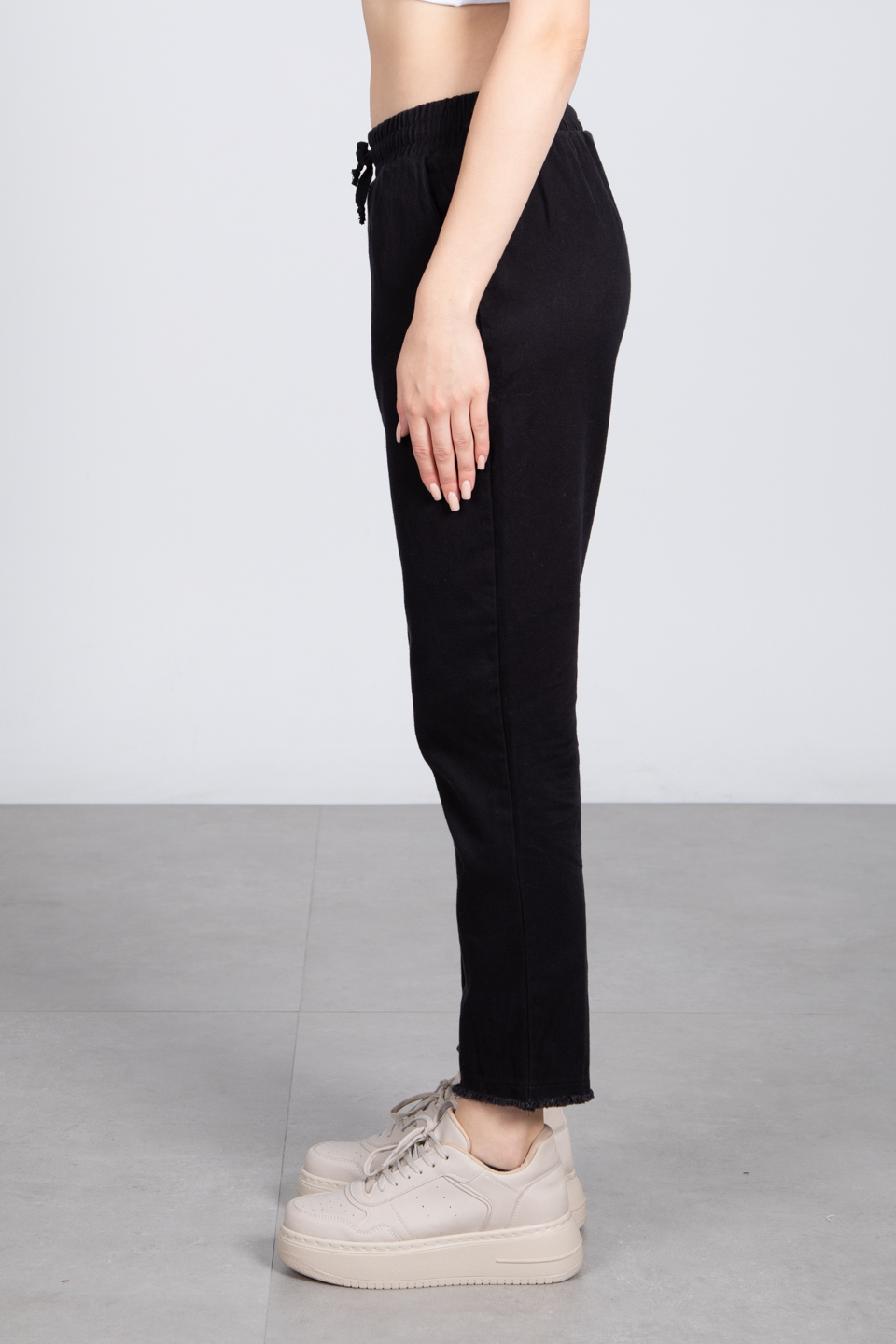 Paça püsküllü gabardin pantolon-001-1 Siyah