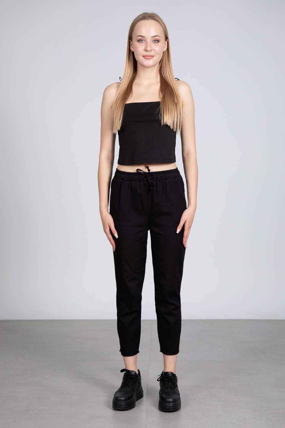 Paça püsküllü gabardin pantolon-001 Siyah