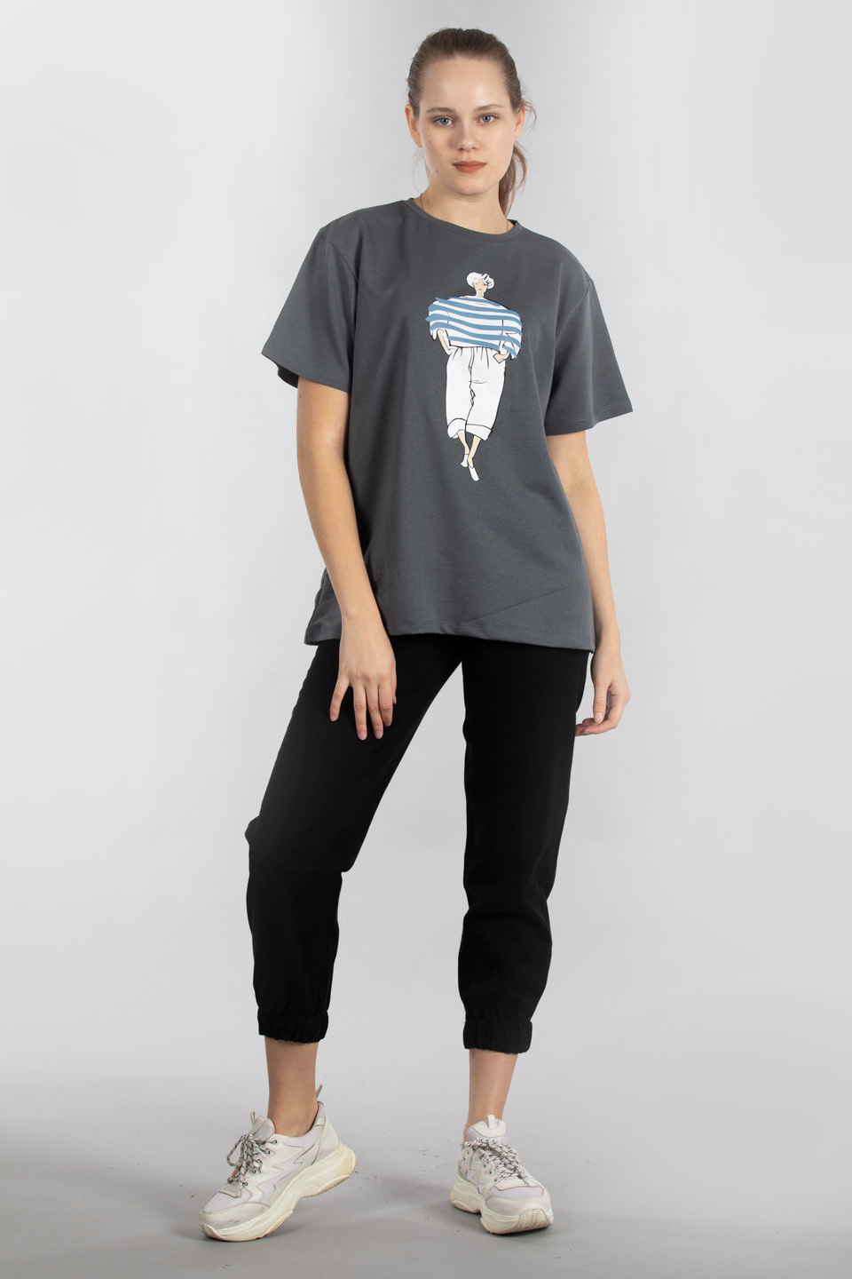 Paçası lastikli gabardin pantolon-YP4647 Siyah