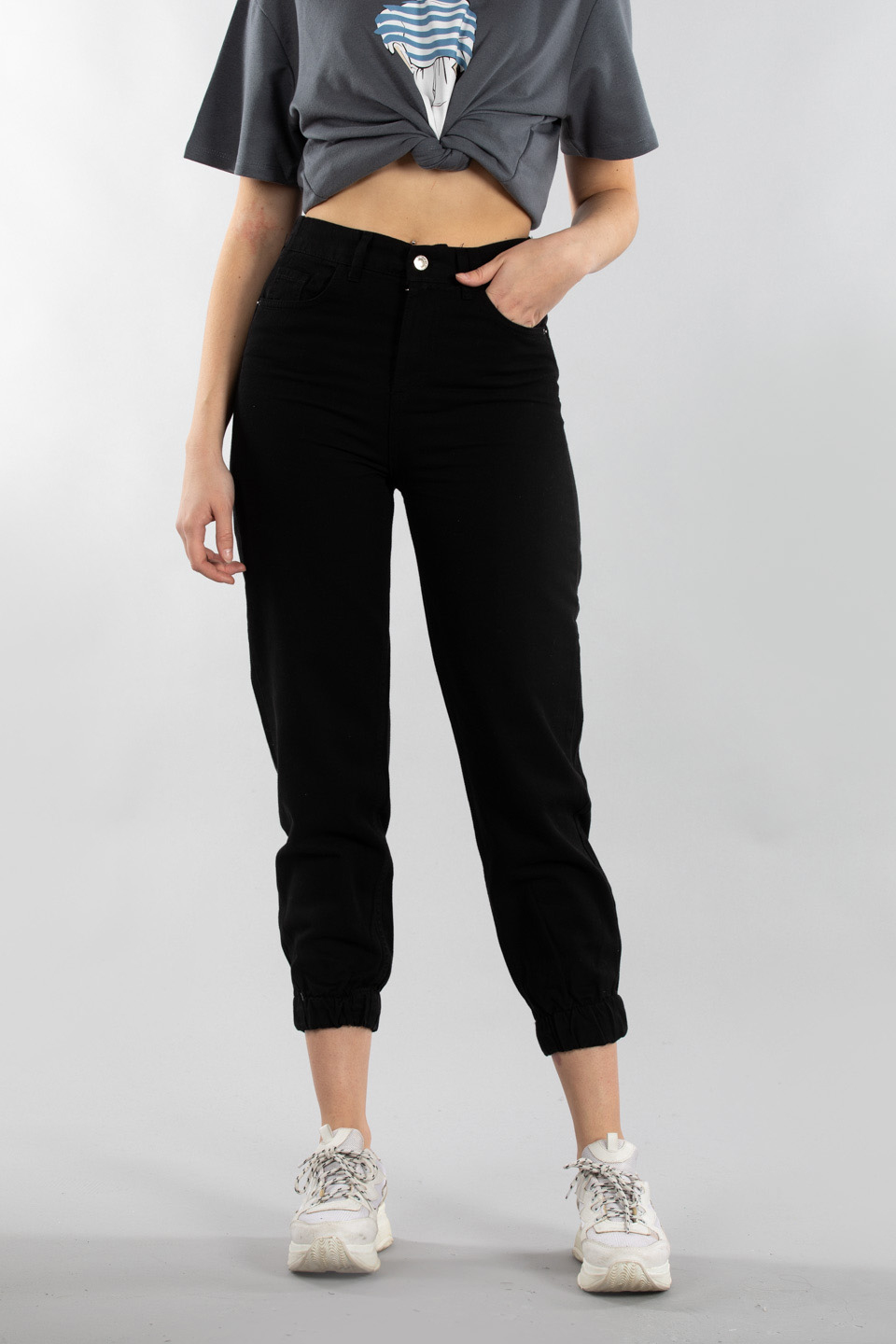 Paçası lastikli gabardin pantolon-YP4647 Siyah