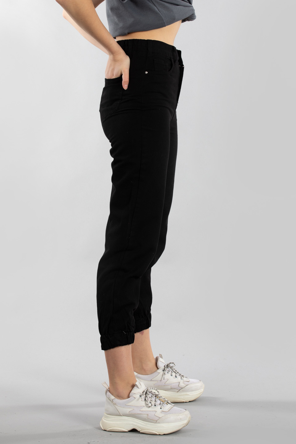 Paçası lastikli gabardin pantolon-YP4647 Siyah