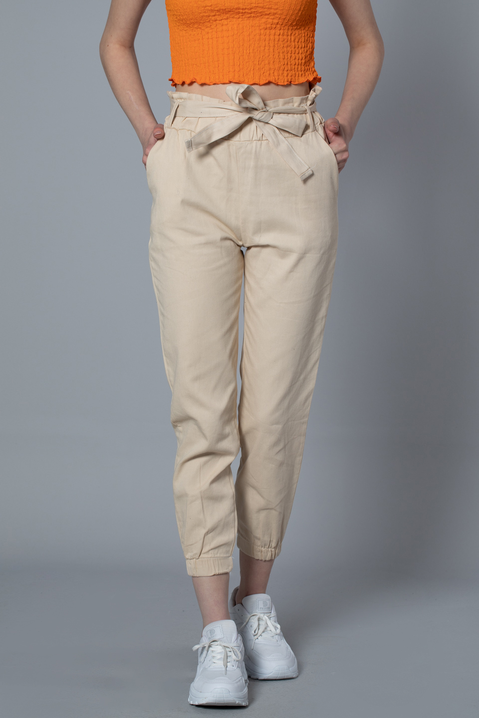 Paçası lastikli kuşaklı gabardın pantolon-1003 Taş