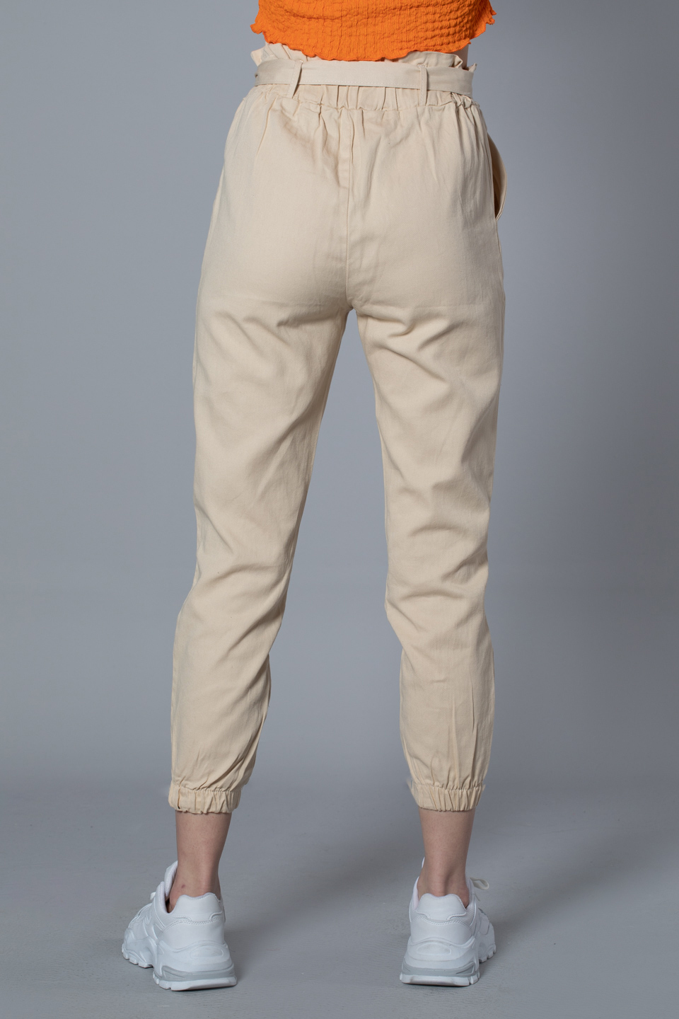 Paçası lastikli kuşaklı gabardın pantolon-1003 Taş