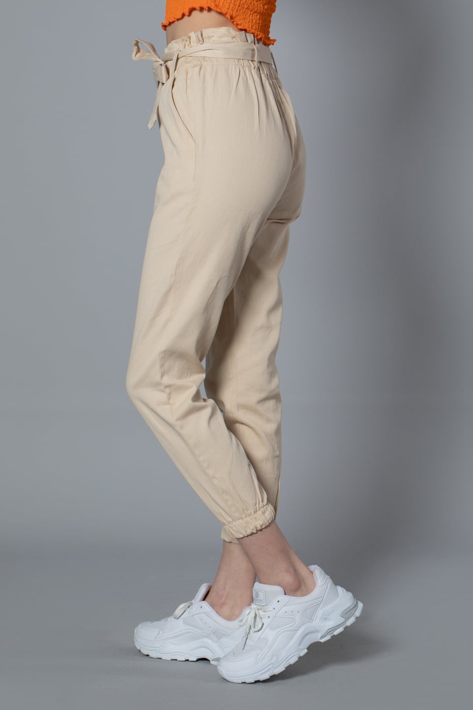 Paçası lastikli kuşaklı gabardın pantolon-1003 Taş