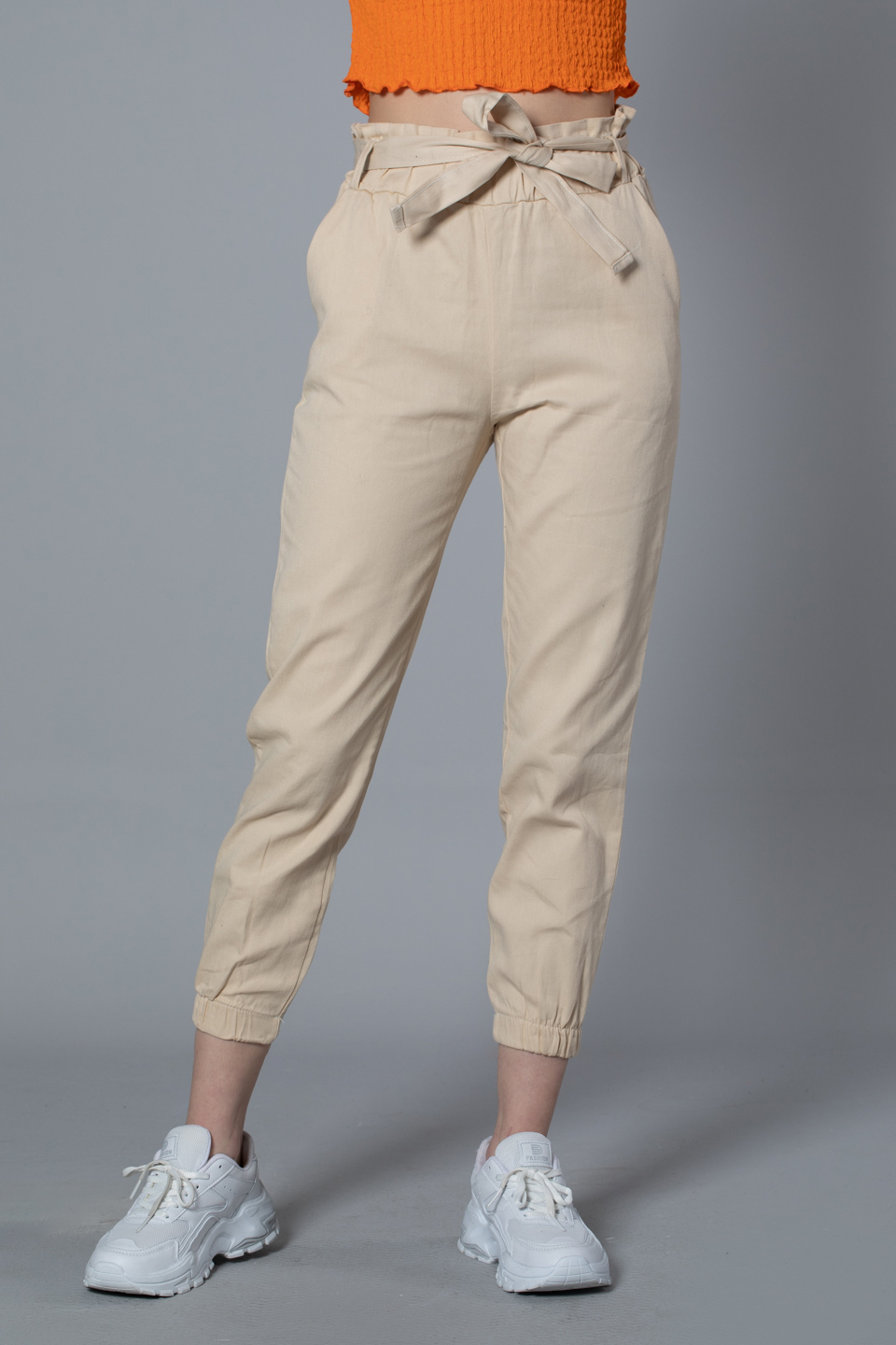 Paçası lastikli kuşaklı gabardın pantolon-1003 Taş