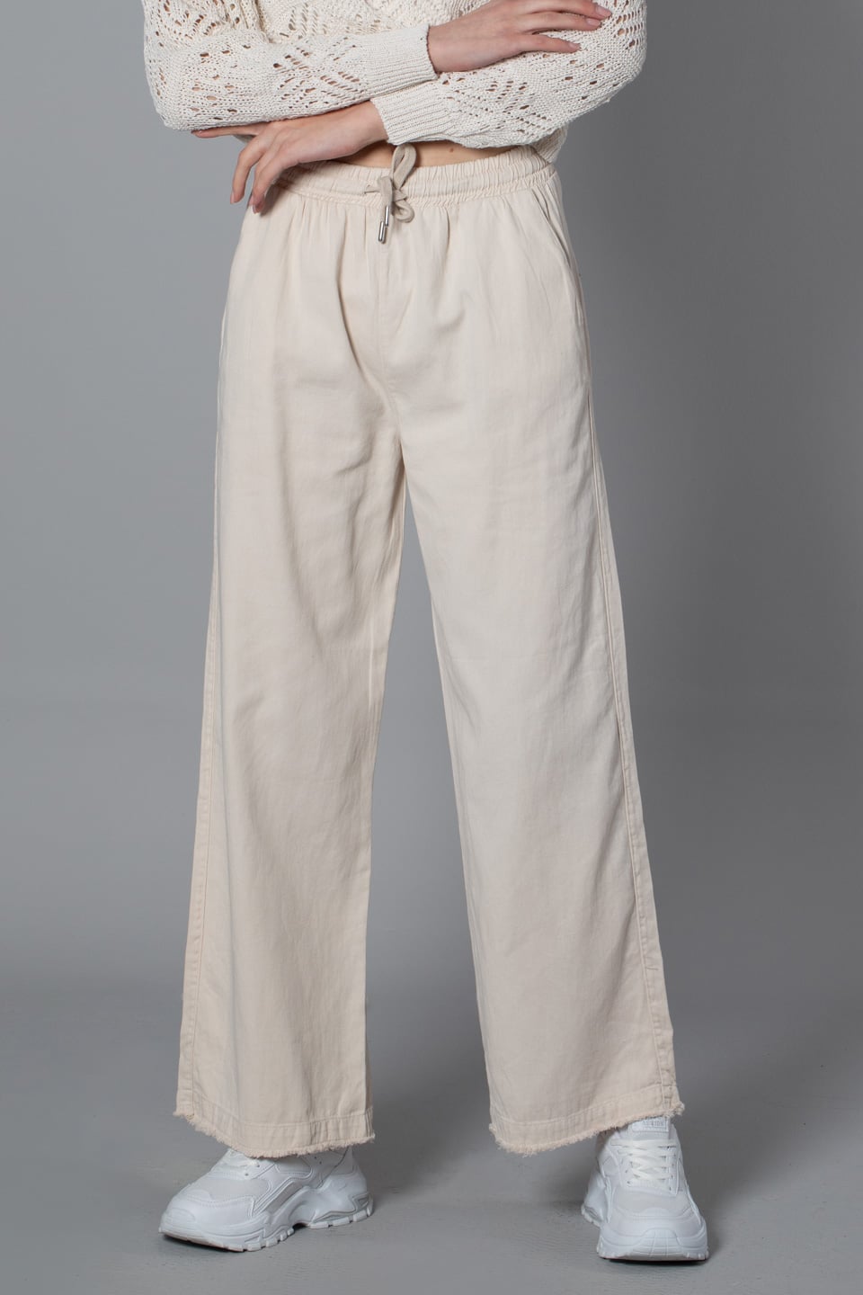 Paçası püsküllü bol paça pantolon-4760 Taş