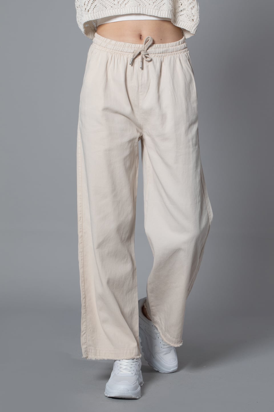 Paçası püsküllü bol paça pantolon-4760 Taş