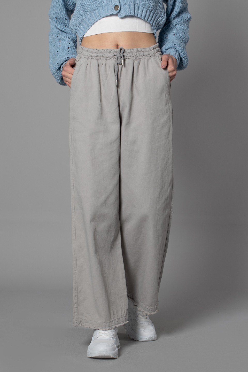 Paçası püsküllü bol paça pantolon-4760 Gri