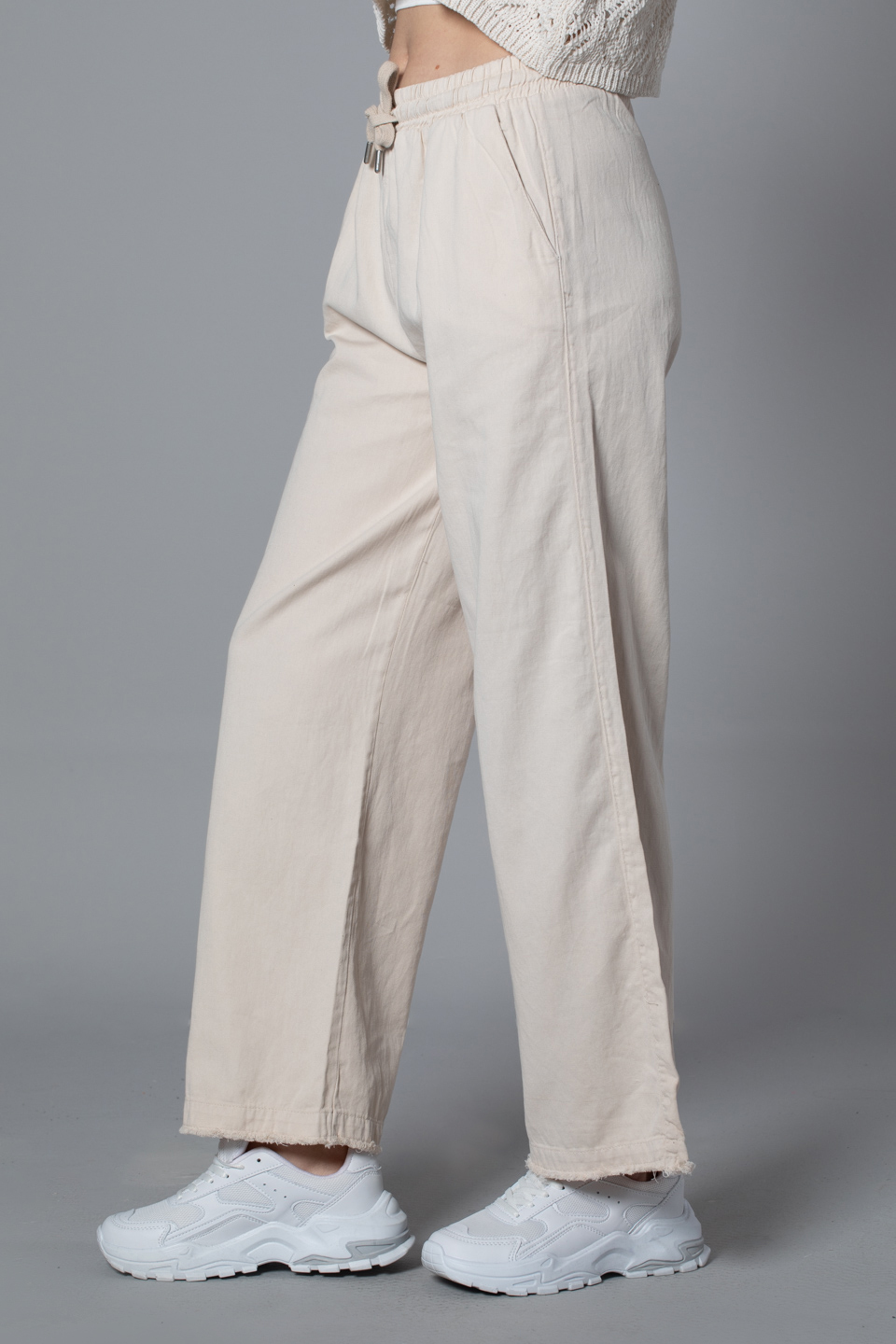 Paçası püsküllü bol paça pantolon-4760 Taş