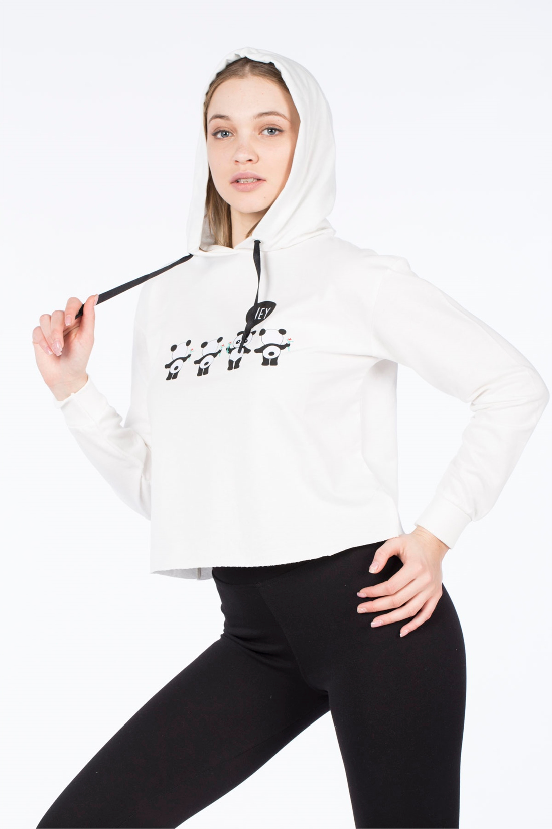 Panda Baskılı Sweatshirt-Ekru