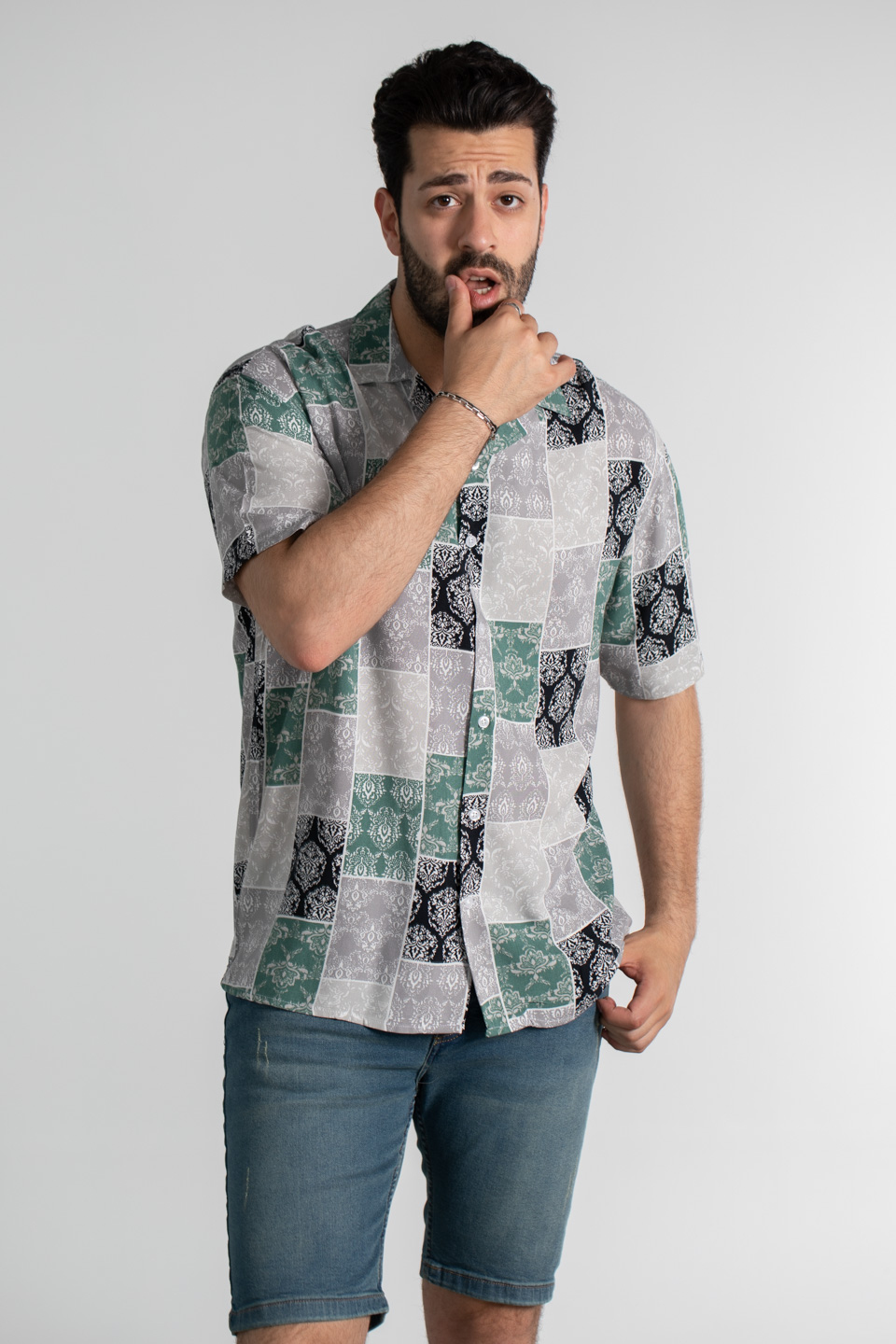 Pano çiçek desen oversıze gömlek-6021 Yeşil/Gri
