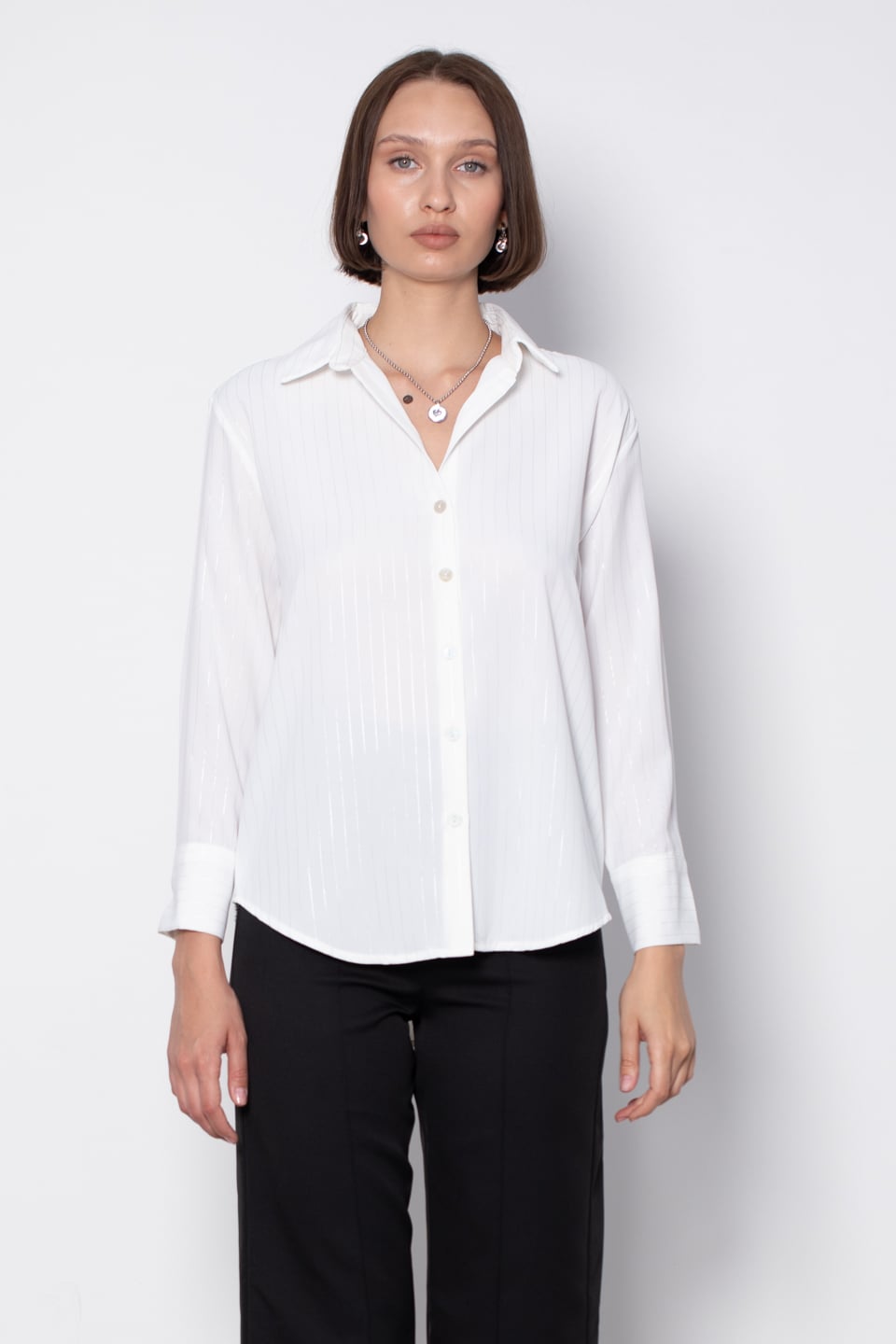 Parlak çizgili gömlek-4520 Gümüş/Ekru