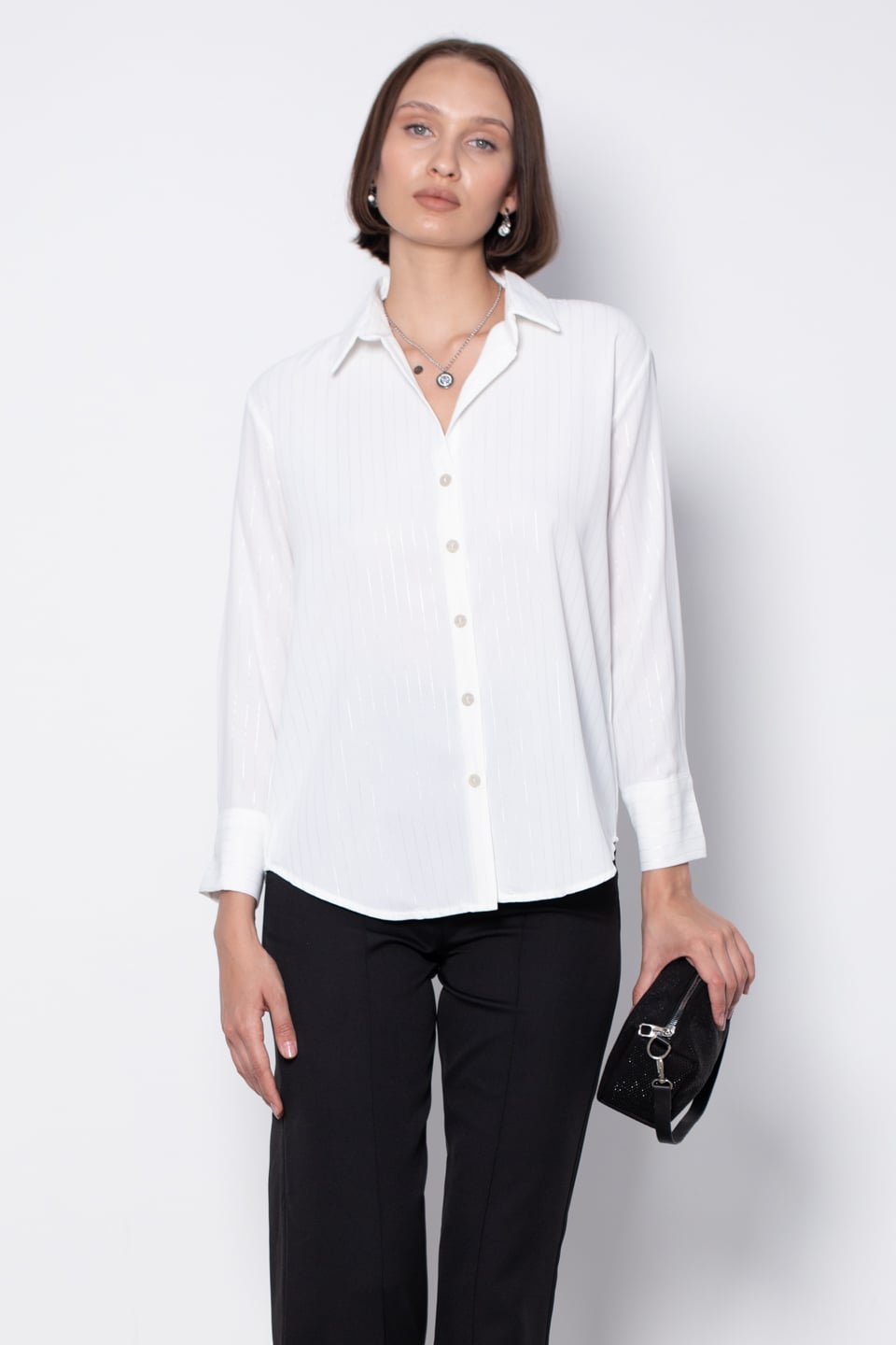 Parlak çizgili gömlek-4520 Gümüş/Ekru