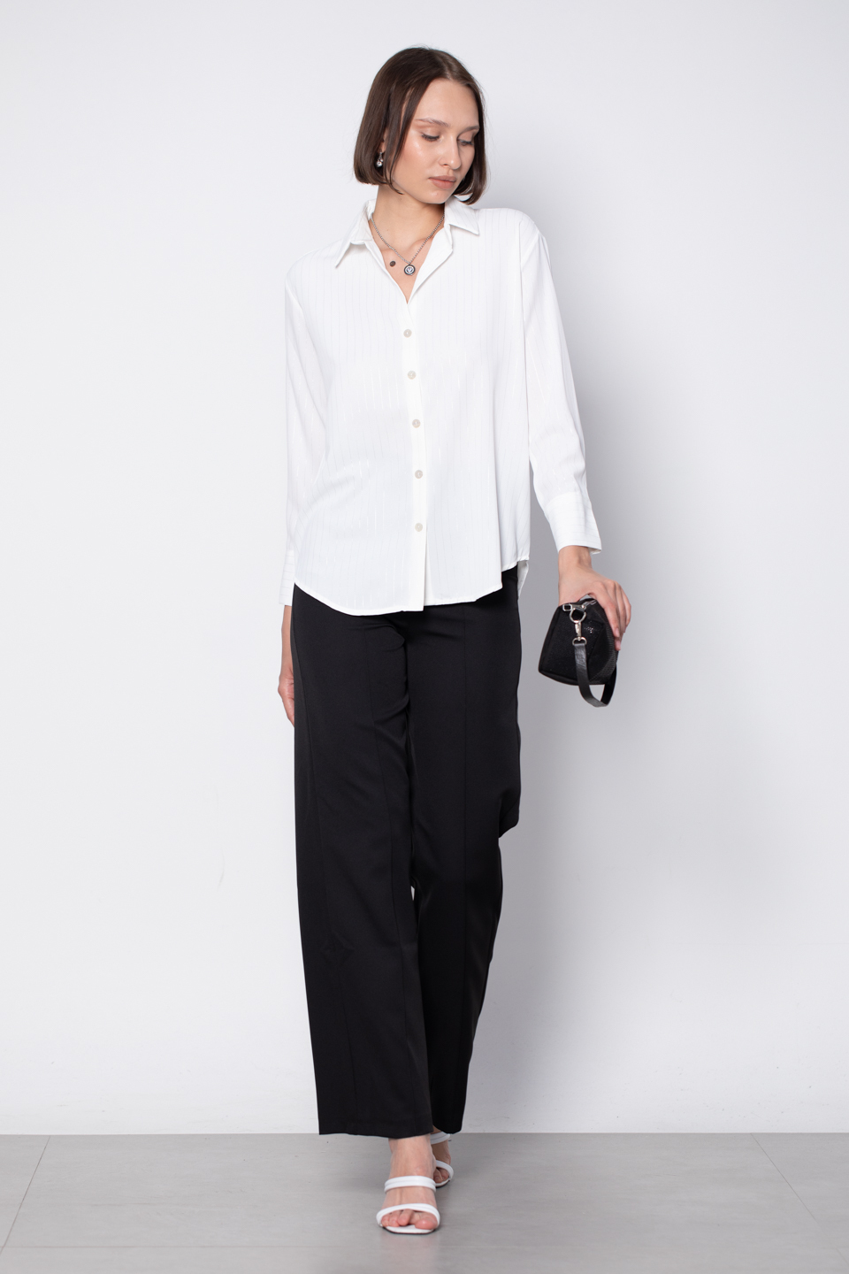 Parlak çizgili gömlek-4520 Gümüş/Ekru