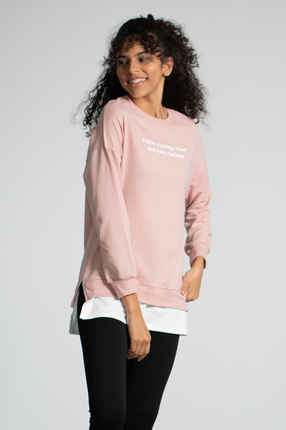Penye Garnili Baskılı Sweatshirt - Açık Gül