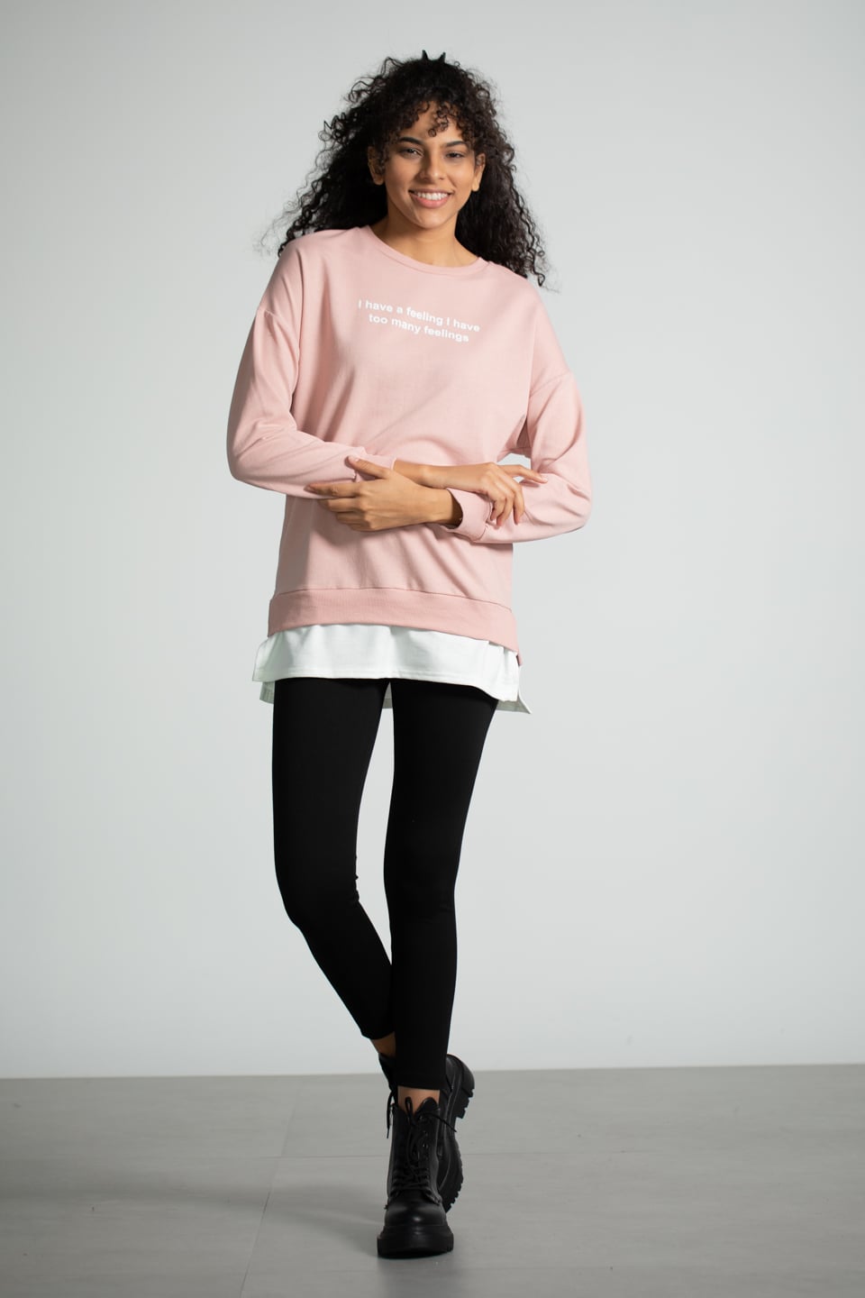 Penye Garnili Baskılı Sweatshirt - Açık Gül