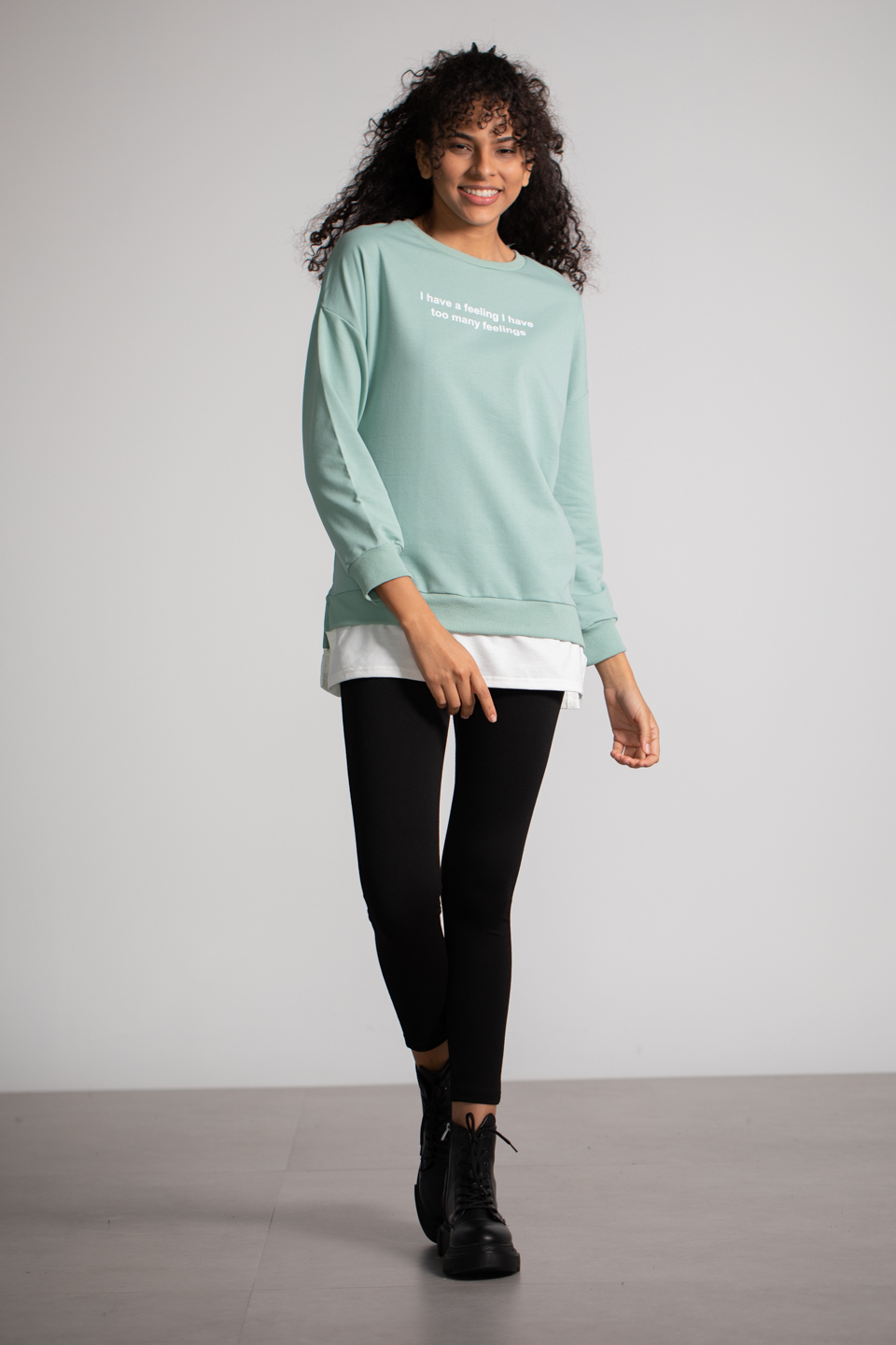 Penye Garnili Baskılı Sweatshirt - Çağla