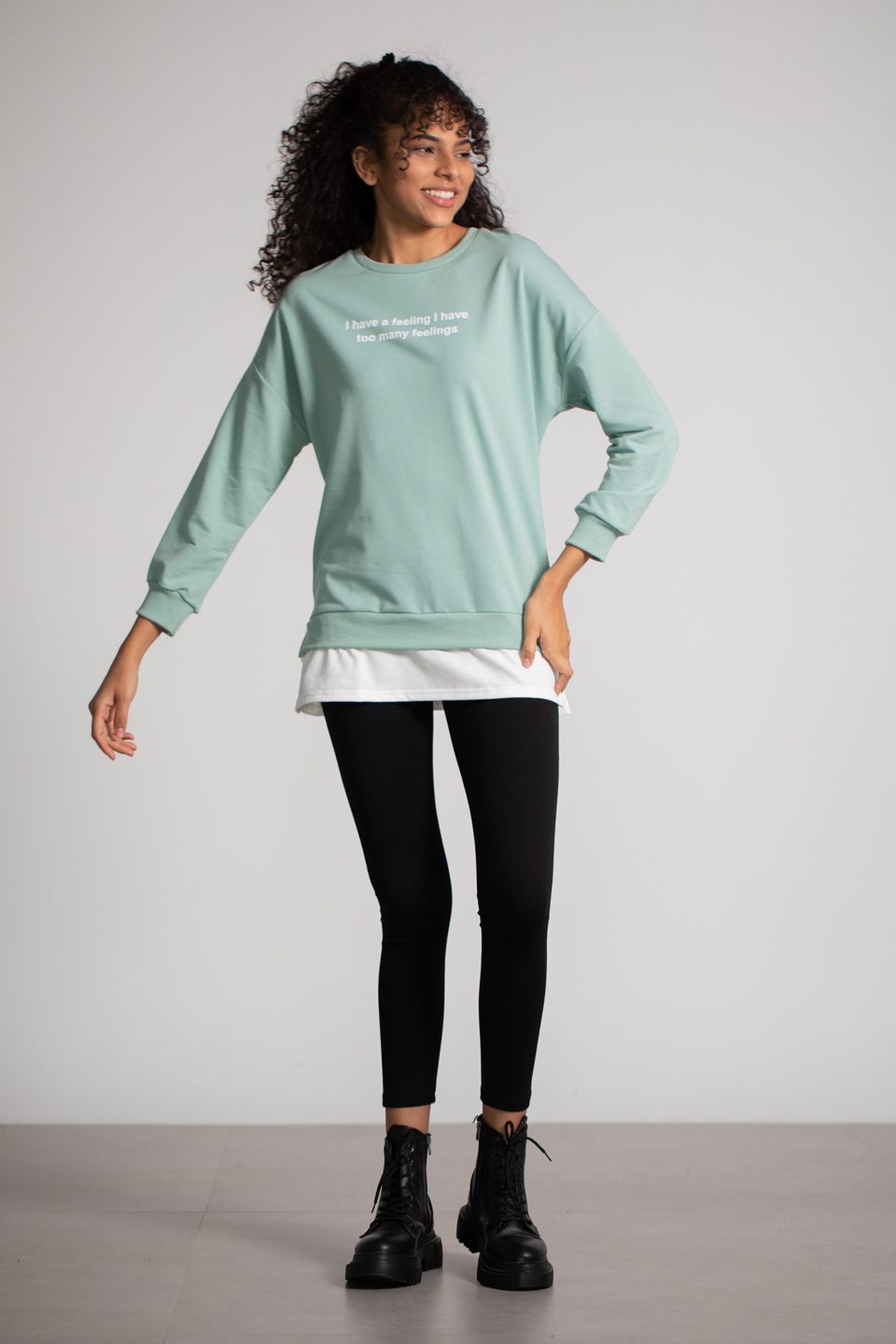 Penye Garnili Baskılı Sweatshirt - Çağla