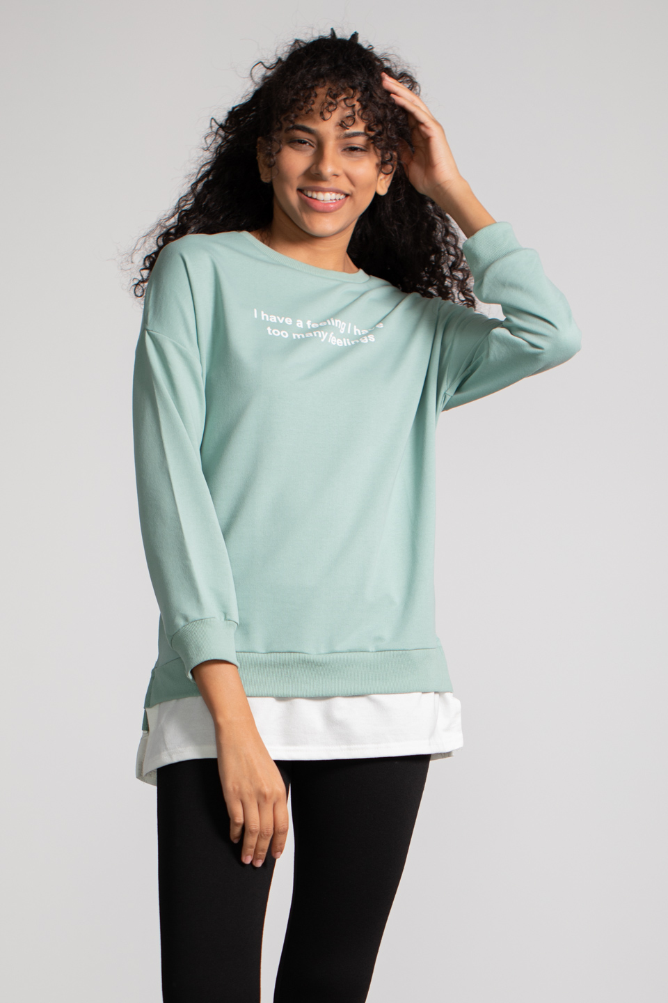 Penye Garnili Baskılı Sweatshirt - Çağla