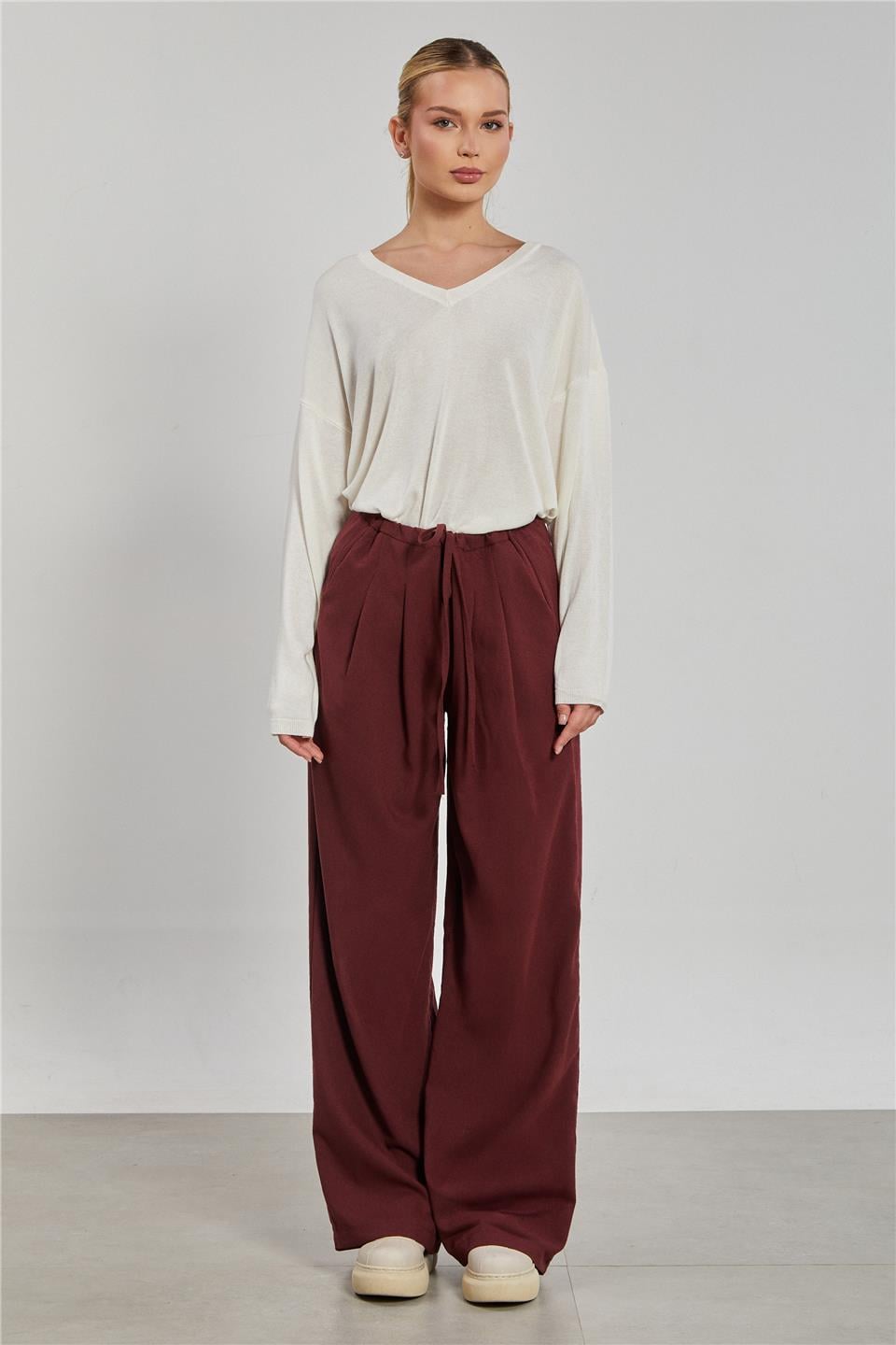 Pileli palazzo pantolon-3819 Bordo