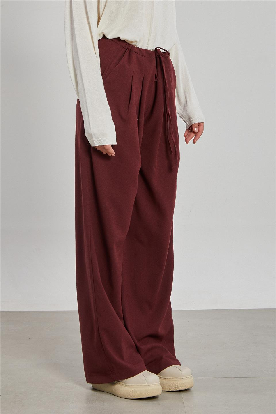 Pileli palazzo pantolon-3819 Bordo