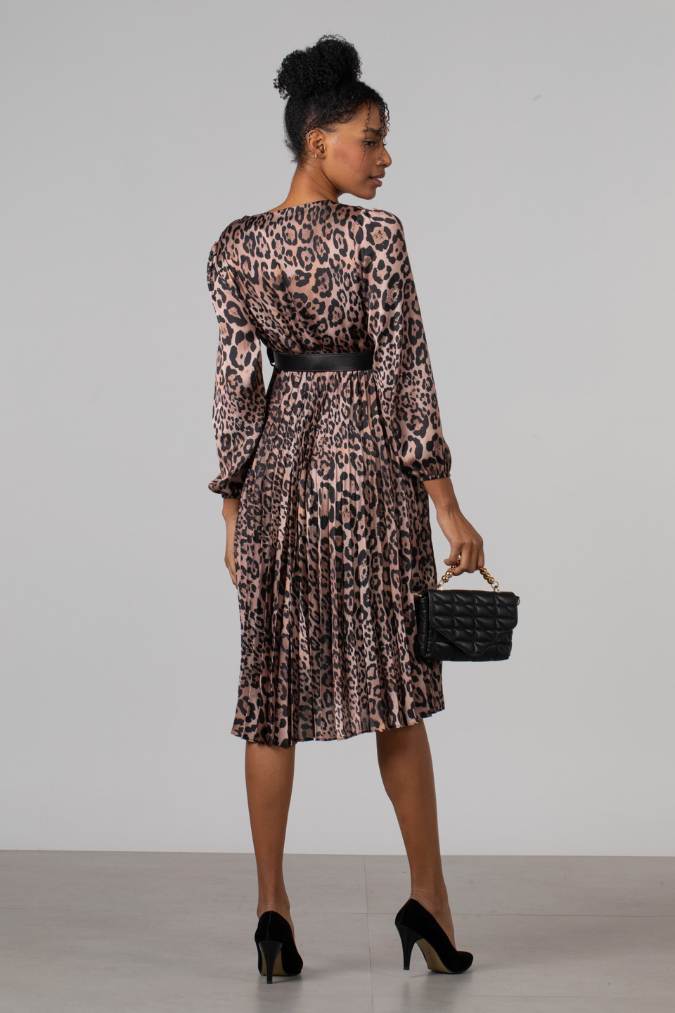 Piliseli kemerli saten elbise-7390 Leopar