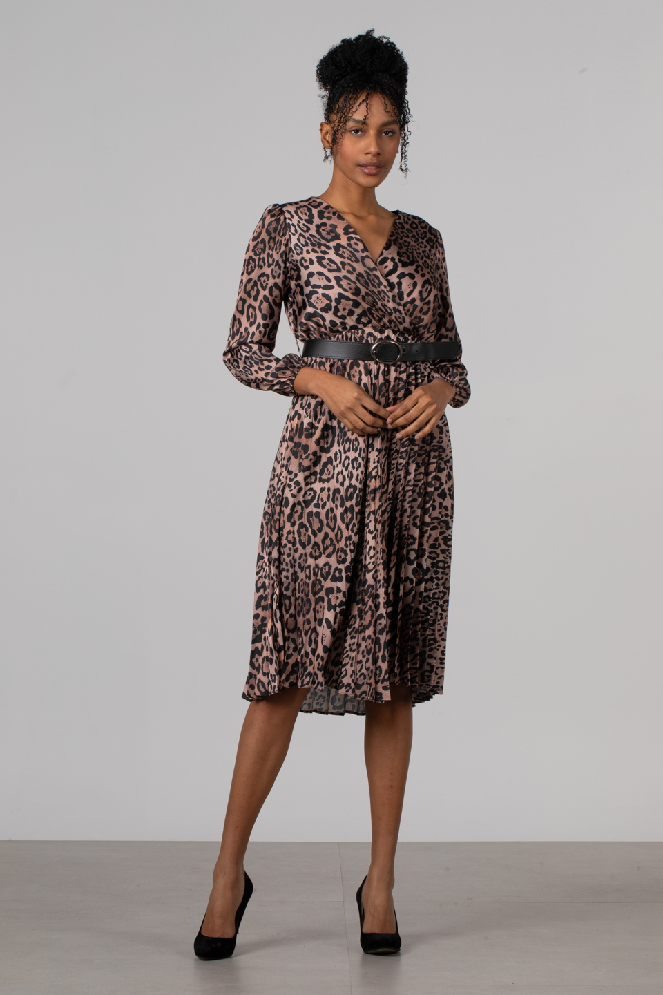 Piliseli kemerli saten elbise-7390 Leopar