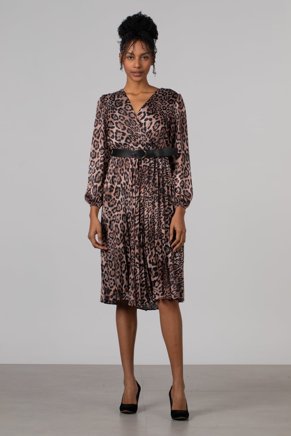 Piliseli kemerli saten elbise-7390 Leopar