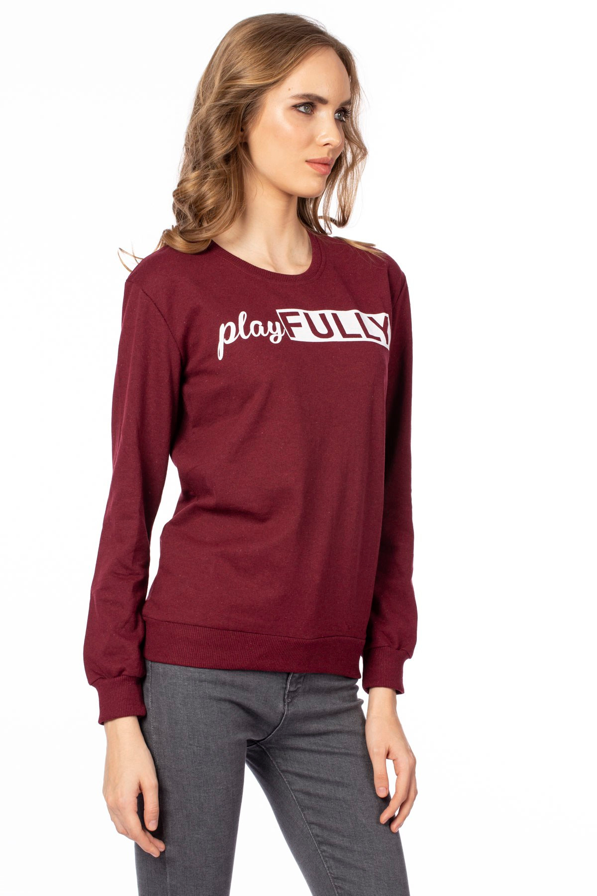 Play fully baskılı sweatshirt-103BK020281 Bordo