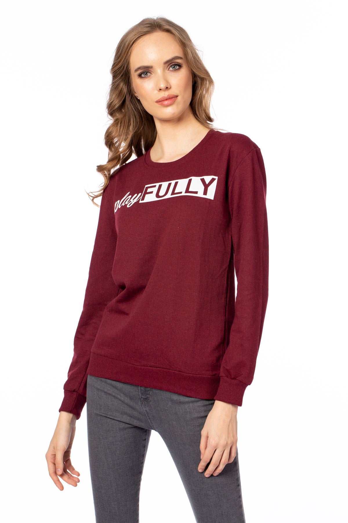 Play fully baskılı sweatshirt-103BK020281 Bordo