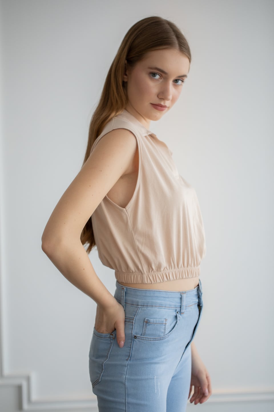 Polo yaka beli lastikli t-shirt-6292 Bej