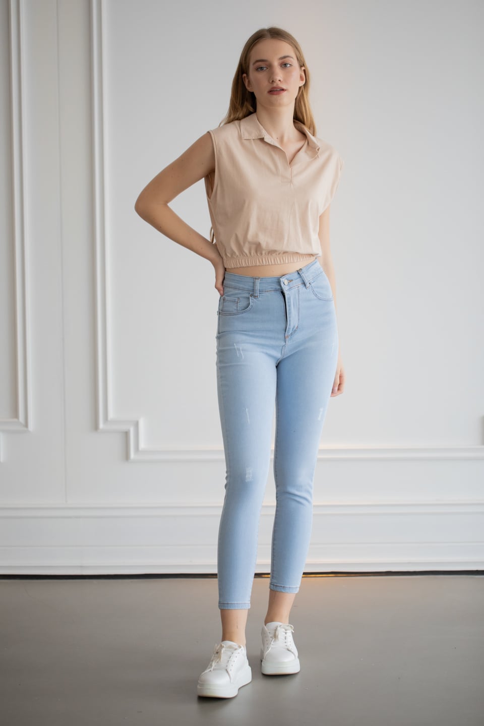 Polo yaka beli lastikli t-shirt-6292 Bej