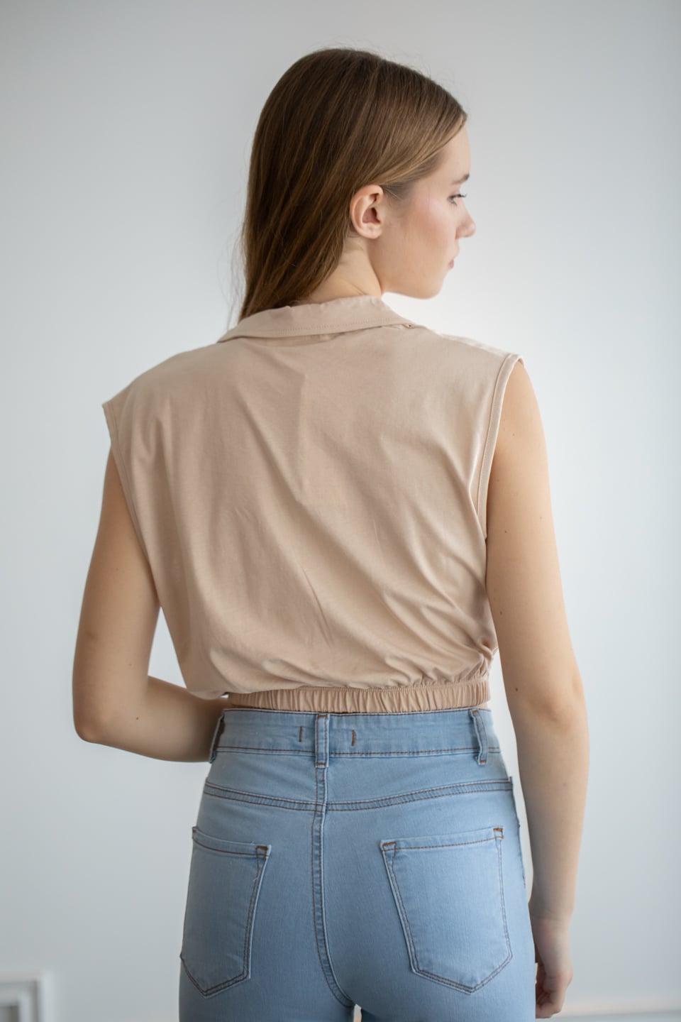 Polo yaka beli lastikli t-shirt-6292 Bej